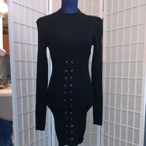 Elegant Mock Neck Black Lace-Up Dress